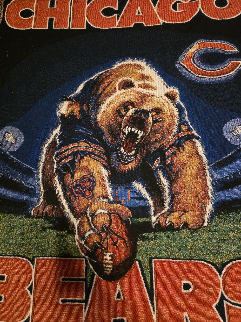 Vintage Chicago Bears NFL Woven Tapestry Fringe Throw Blanket Made in USA 90s